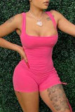 Blue Fashion Sexy Solid Backless Strap Design Square Collar Skinny Romper