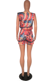 Red Casual Print Patchwork O Neck Short Sleeve Two Pieces