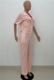 Pink Fashion Casual Solid Basic Turndown Collar Regular Jumpsuits