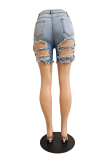 Baby Blue Sexy Solid Ripped Mid Waist Skinny Denim Shorts
