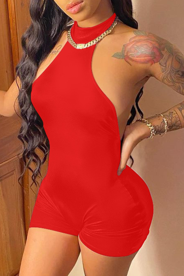 Red Sexy Solid Patchwork Halter Skinny Rompers