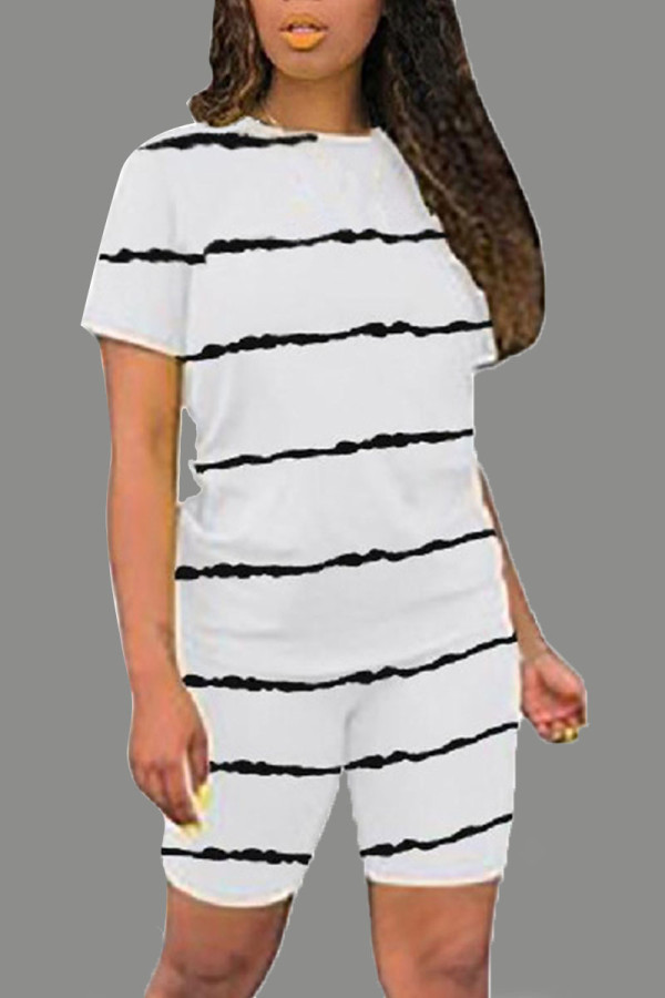 White Casual Striped Patchwork O Neck Short Sleeve Two Pieces