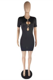 Black Sexy Casual Solid Hollowed Out O Neck Short Sleeve Dress