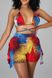 Colour Sexy Print Patchwork Cold Shoulder Sleeveless Two Pieces