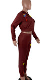 Red Casual Print Patchwork Zipper Hooded Collar Long Sleeve Two Pieces