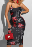 Red Sexy Print Patchwork Spaghetti Strap Pencil Skirt Dresses