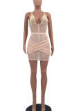 Blue Sexy Solid Patchwork Backless Zipper Spaghetti Strap Sleeveless Two Pieces
