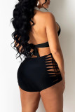 Black Sexy Solid Bandage Hollowed Out Split Joint Halter Sleeveless Two Pieces