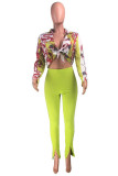 Rose Red Fashion Casual Print Bandage Slit Turndown Collar Long Sleeve Two Pieces