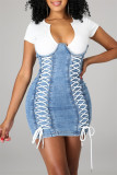Blue Fashion Patchwork Bandage V Neck Short Sleeve Denim Dress