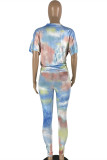 Multicolor Fashion Casual Print Tie Dye Basic O Neck Short Sleeve Two Pieces