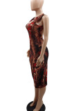 Brown Sexy Print Ripped Patchwork Backless O Neck Pencil Skirt Dresses