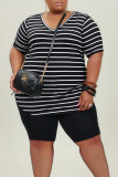 White Casual Striped Print Split Joint V Neck Plus Size Two Pieces