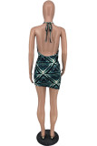 Blue Black Fashion Sexy Print Backless Sleeveless Dress
