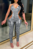 Blue Sexy Solid Hollowed Out Halter Skinny Jumpsuits