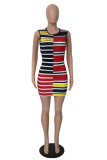 Red Sexy Striped Patchwork O Neck Pencil Skirt Dresses