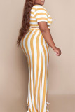 Yellow Fashion Casual Striped Print Basic O Neck Plus Size Two Pieces