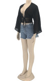 White Casual Solid Bandage Hollowed Out Patchwork V Neck Tops