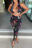 Rose Red Fashion Sexy Print Bandage Backless Halter Sleeveless Two Pieces