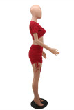 Red Fashion Casual Print Basic V Neck Short Sleeve Two Pieces