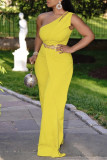 Yellow Sexy Casual Solid Backless One Shoulder Regular Jumpsuits
