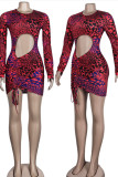 Orange Sexy Print Hollowed Out Split Joint Draw String Fold O Neck Pencil Skirt Dresses