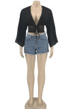 White Casual Solid Bandage Hollowed Out Patchwork V Neck Tops