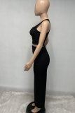 Black Sexy Solid Patchwork U Neck Sleeveless Two Pieces