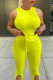 Fluorescent Yellow Sexy Casual Solid Asymmetrical O Neck Tops