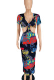 Black Sexy Print Hollowed Out Patchwork U Neck Pencil Skirt Dresses
