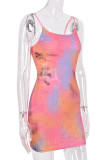 Pink Sexy Print Ripped Hollowed Out Patchwork Backless Spaghetti Strap Sling Dress Dresses