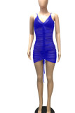 Blue Sexy Solid Split Joint Draw String See-through Fold Spaghetti Strap Sling Dress Dresses