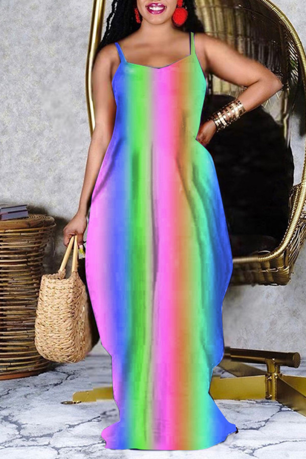 Rainbow Color Casual Print Patchwork Spaghetti Strap Lantern Skirt Dresses