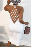 Yellow Sexy Solid Hollowed Out U Neck Pencil Skirt Dresses