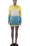 Pink Casual Gradual Change Print Patchwork Pocket Hooded Collar Straight Dresses