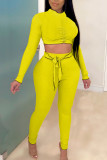 Yellow Casual Solid Bandage Split Joint Fold O Neck Long Sleeve Two Pieces