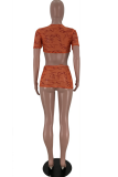 Pink Sexy Print Patchwork V Neck Short Sleeve Two Pieces