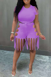 Purple Casual Solid Hollowed Out O Neck Short Sleeve Two Pieces