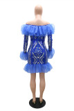 Blue Fashion Sexy Patchwork Sequins Off the Shoulder Long Sleeve Dresses