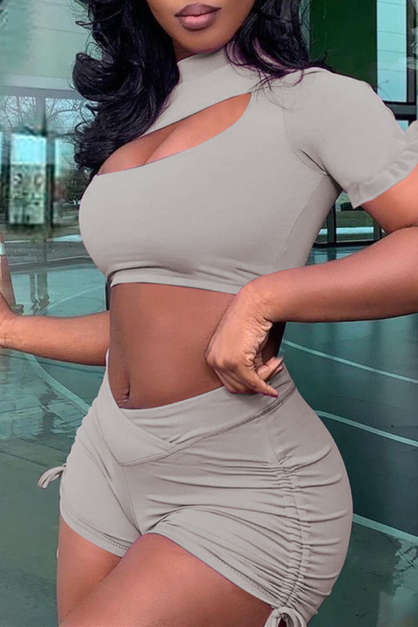 Grey Fashion Casual Solid Bandage Hollowed Out Turtleneck Short Sleeve Two Pieces
