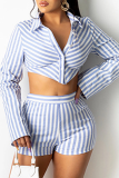 Black Sexy Striped Patchwork Turndown Collar Long Sleeve Two Pieces