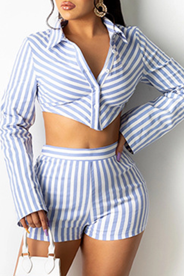 Baby Blue Sexy Striped Patchwork Turndown Collar Long Sleeve Two Pieces