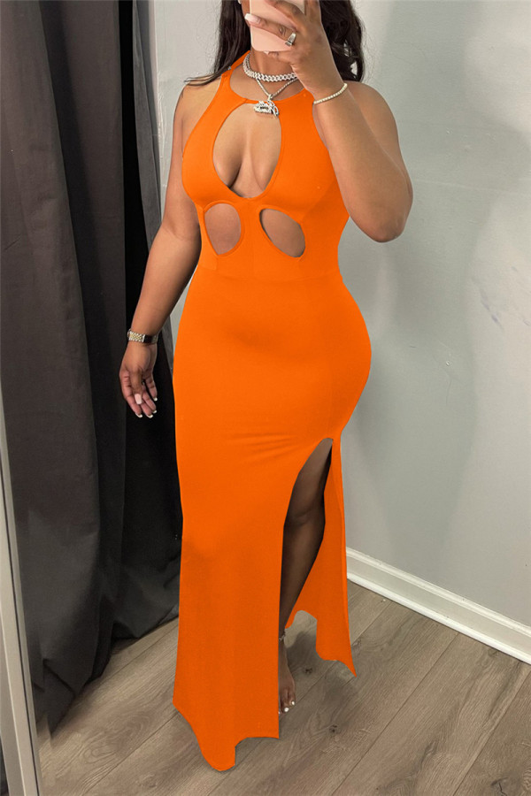 Orange Fashion Sexy Solid Hollowed Out Slit O Neck Sleeveless Dress