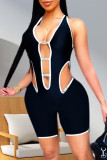 Black Sexy Casual Solid Hollowed Out Backless V Neck Skinny Romper