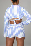 Green Fashion Casual Striped Print Patchwork Turndown Collar Long Sleeve Two Pieces