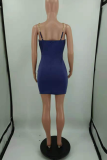 Deep Blue Sexy Solid Chains Spaghetti Strap Pencil Skirt Dresses