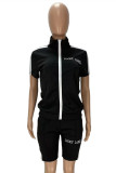 Black Casual Sportswear Letter Embroidered Split Joint Zipper Collar Short Sleeve Two Pieces