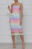 Multicolor Fashion Sexy Gradual Change Print Backless Strapless Sleeveless Dress