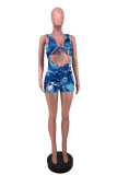 Blue Fashion Sexy Print Bandage Hollowed Out Fold V Neck Skinny Romper