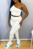 White Casual Solid Split Joint One Shoulder Sleeveless Two Pieces